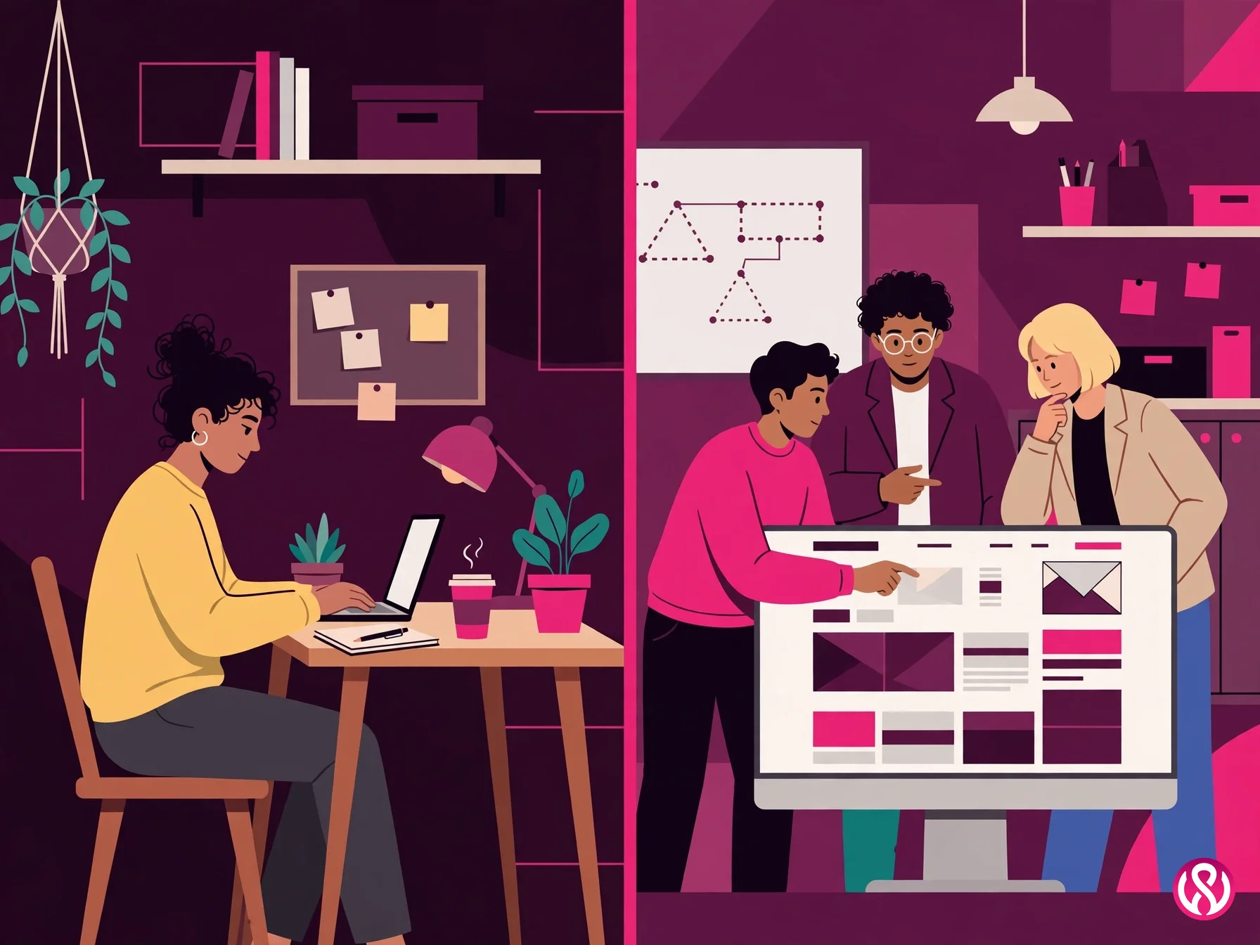 Freelancer vs agency: a solo developer at a home desk compared with an agency team collaborating
