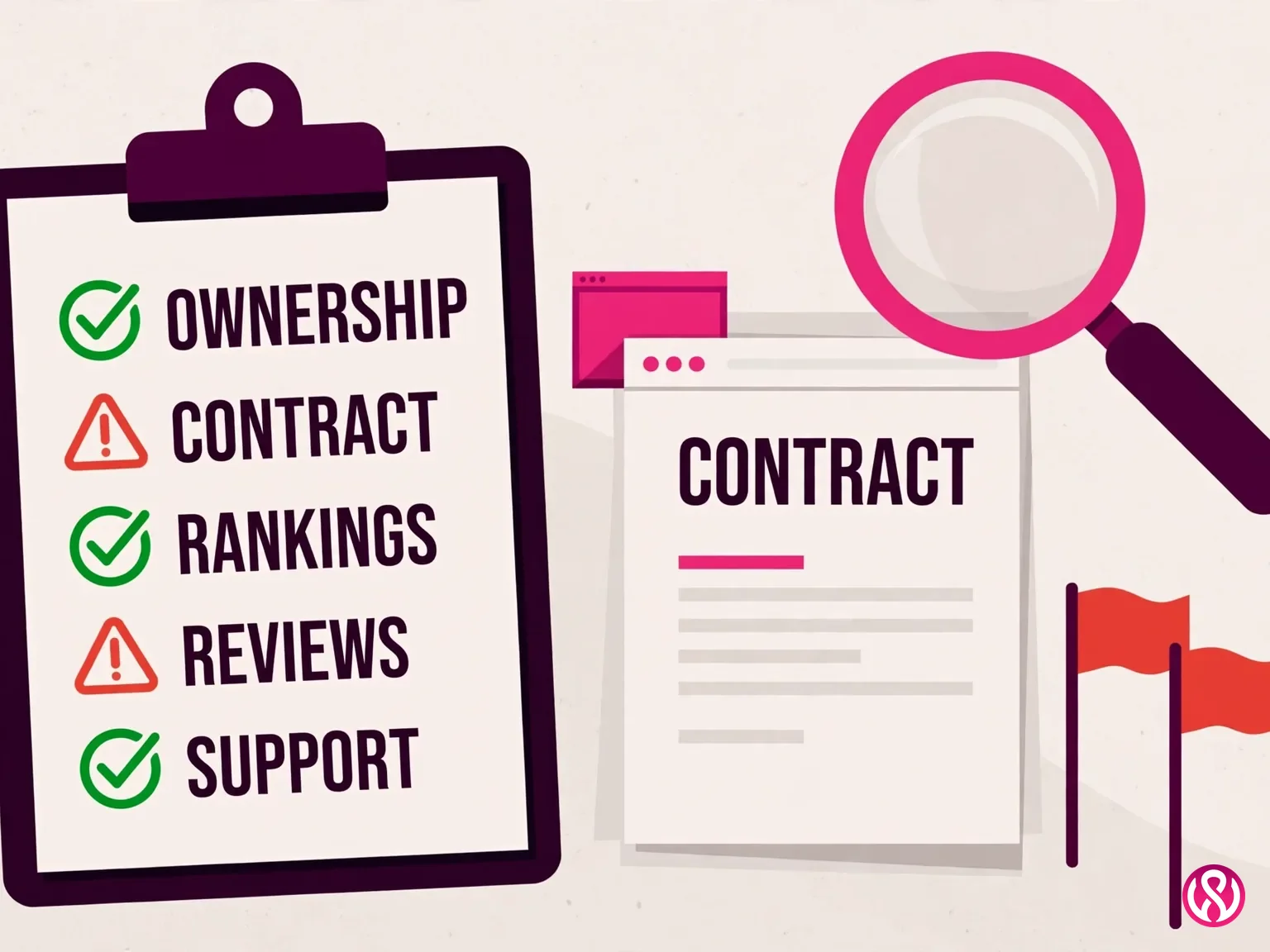 Checklist of red flags to watch for when hiring a business web design company: ownership, contract, rankings, reviews and support