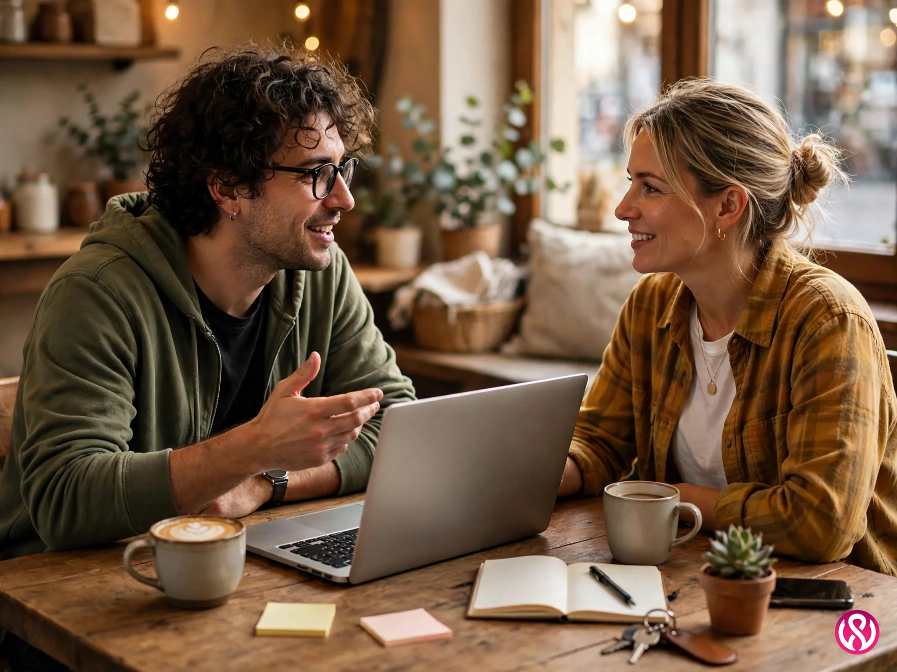Cheap website design services freelancer meeting: a freelancer and a small business owner discussing a website project at a table with a laptop
