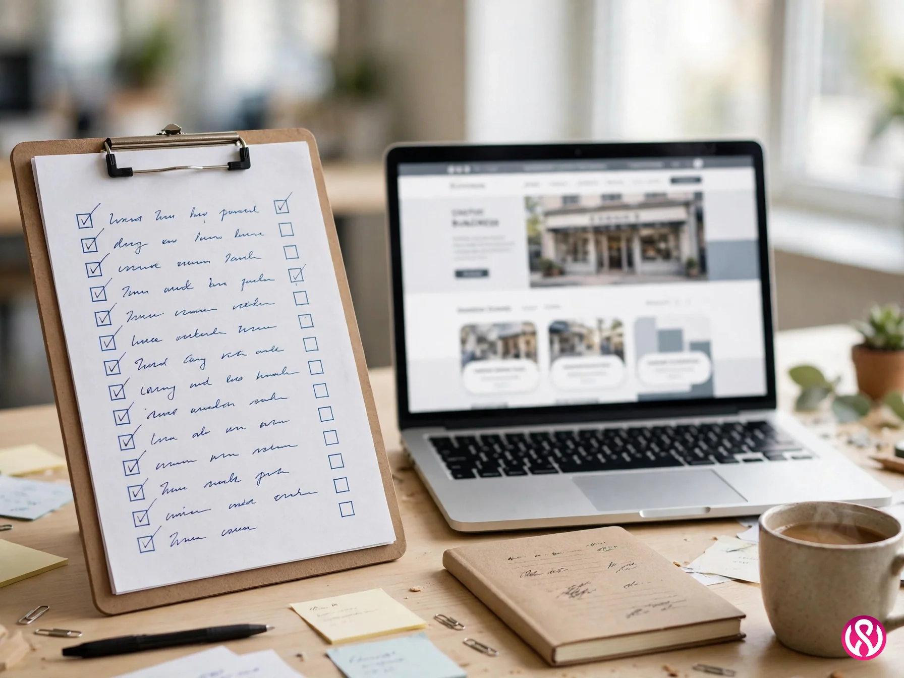 Cheap website design services launch checklist: a website launch checklist on a clipboard beside a laptop showing a newly published small business homepage