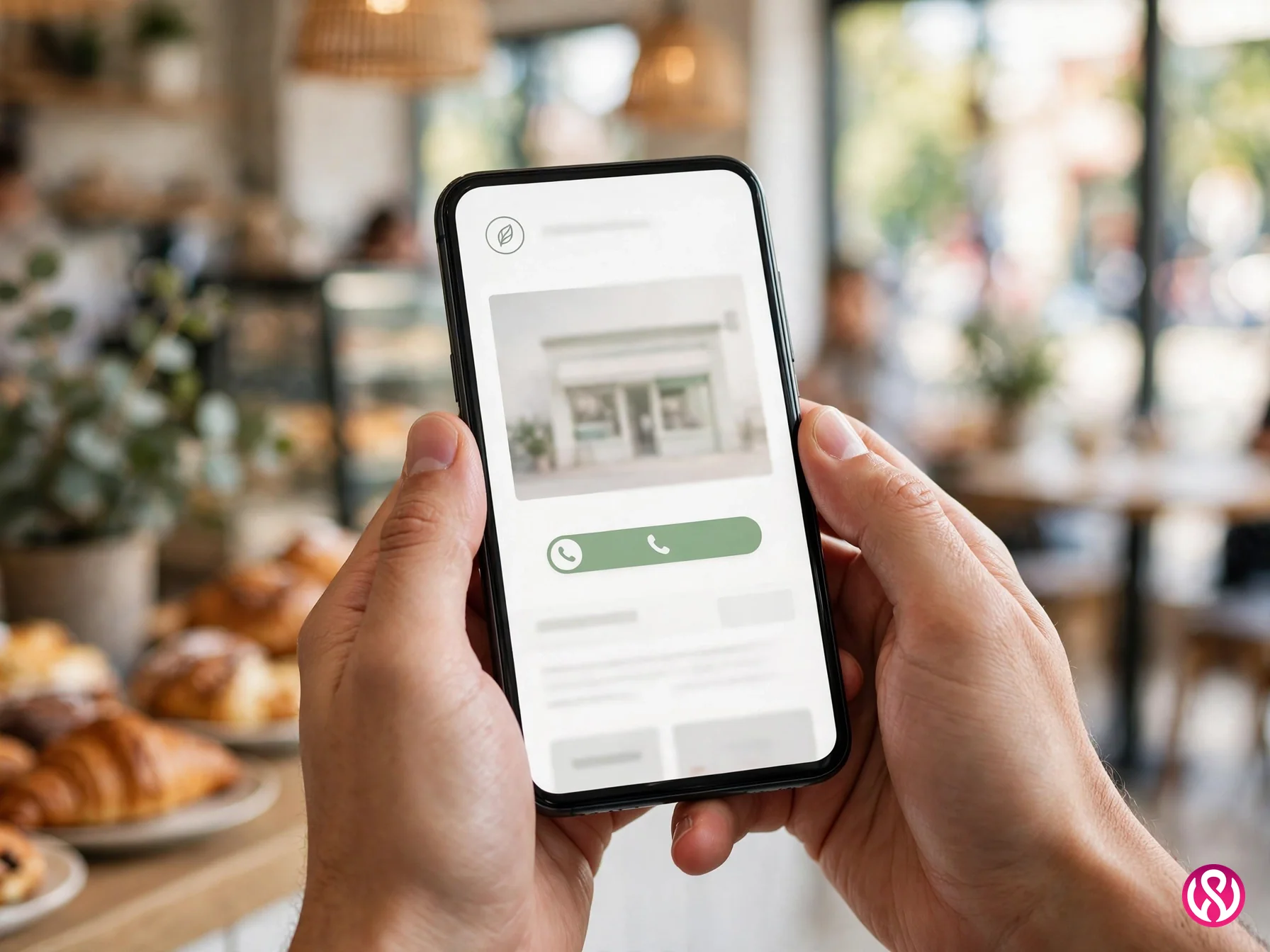 Cheap website design services mobile check: hands holding a smartphone showing a clean small business website with a tap-to-call button