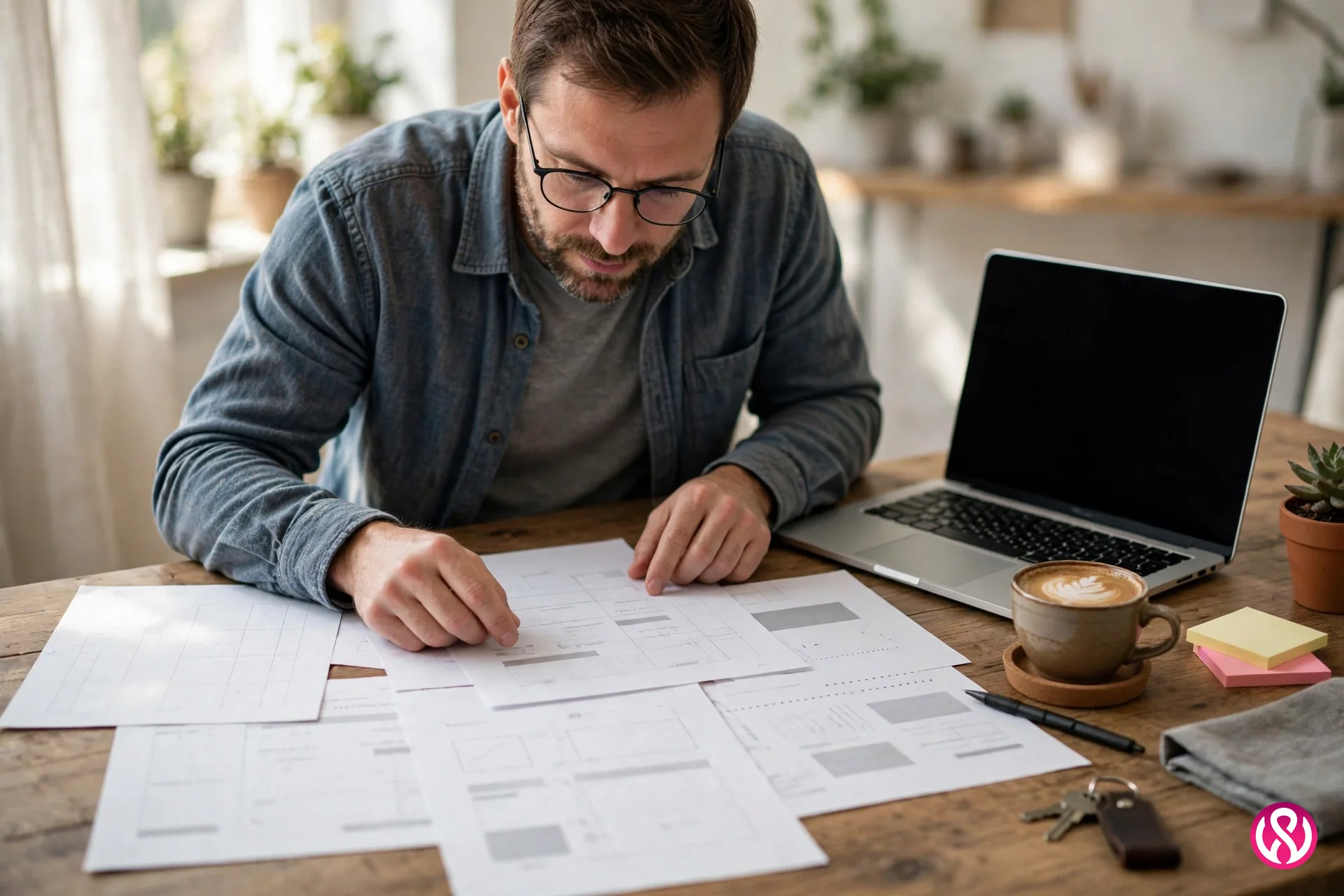 Cheap website design services price ladder: a small business owner comparing website pricing options on paper quotes beside a laptop