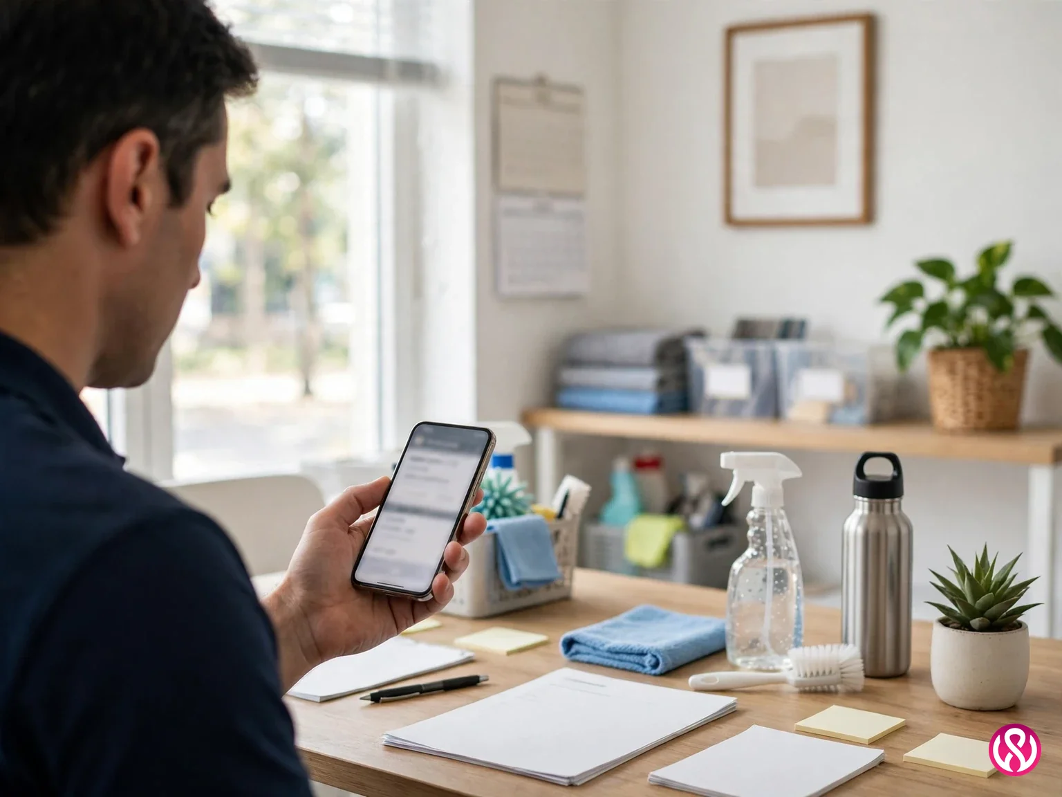 Cleaning service website design: a cleaning business owner checking new booking requests on a phone in a tidy office
