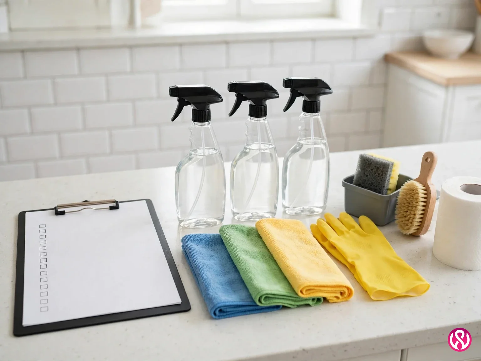 Cleaning service website design: cleaning supplies and a job checklist arranged on a kitchen counter before a scheduled clean