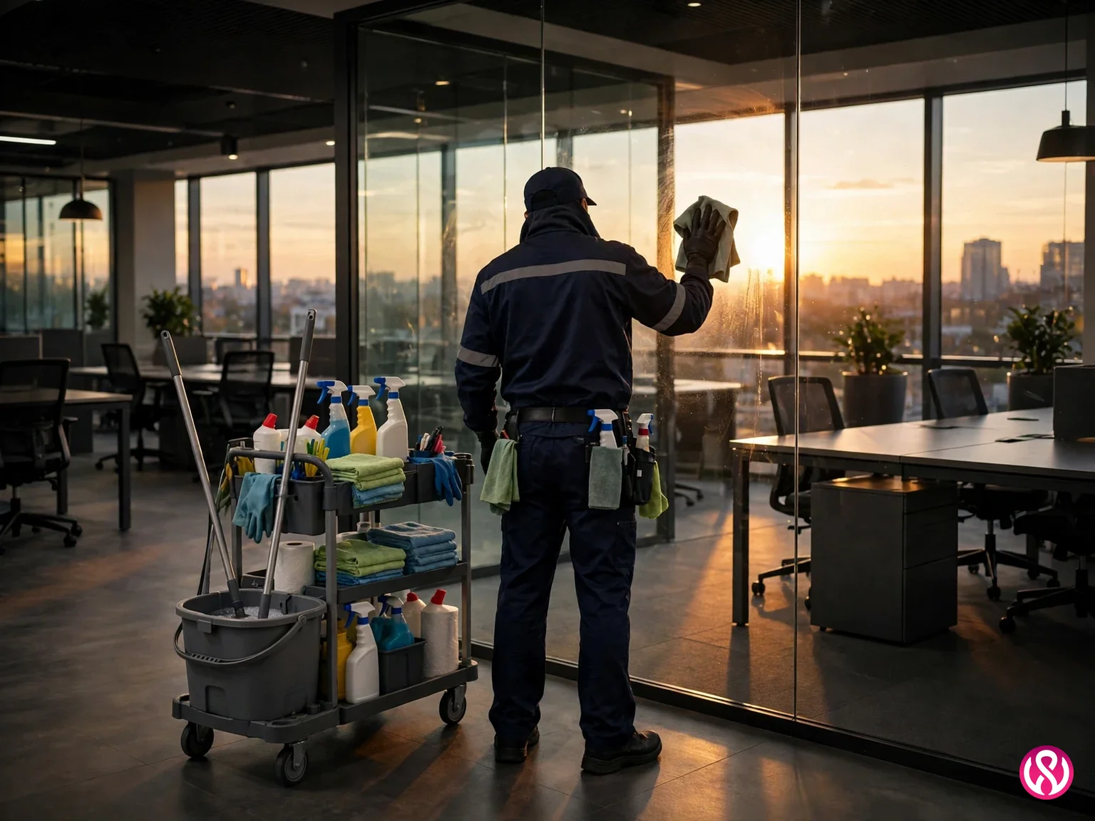Cleaning service website design: a professional cleaner at work in a bright modern office, the commercial side of a cleaning business