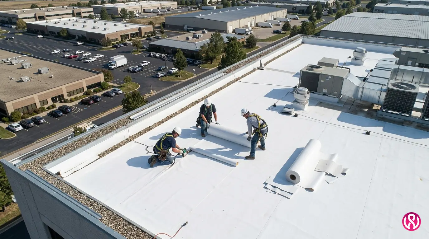 Commercial roofing crew installing a white TPO membrane on a flat commercial roof