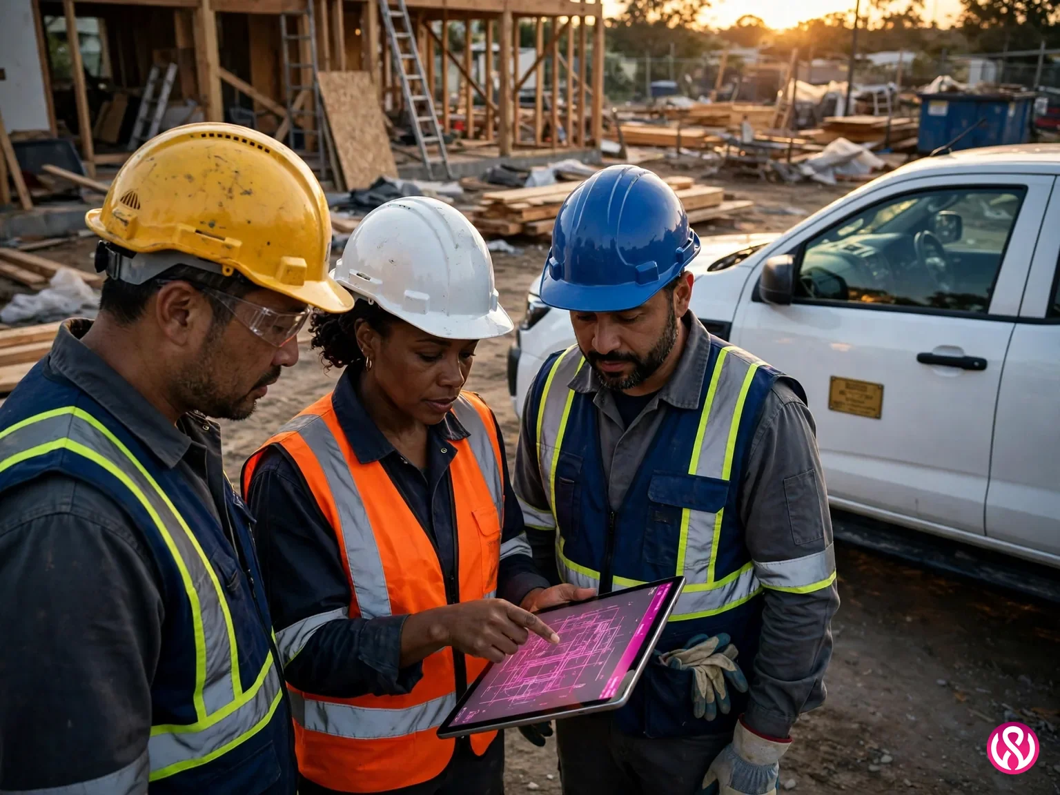 Construction crew reviewing plans on site: the real team photos that build trust on a construction company website