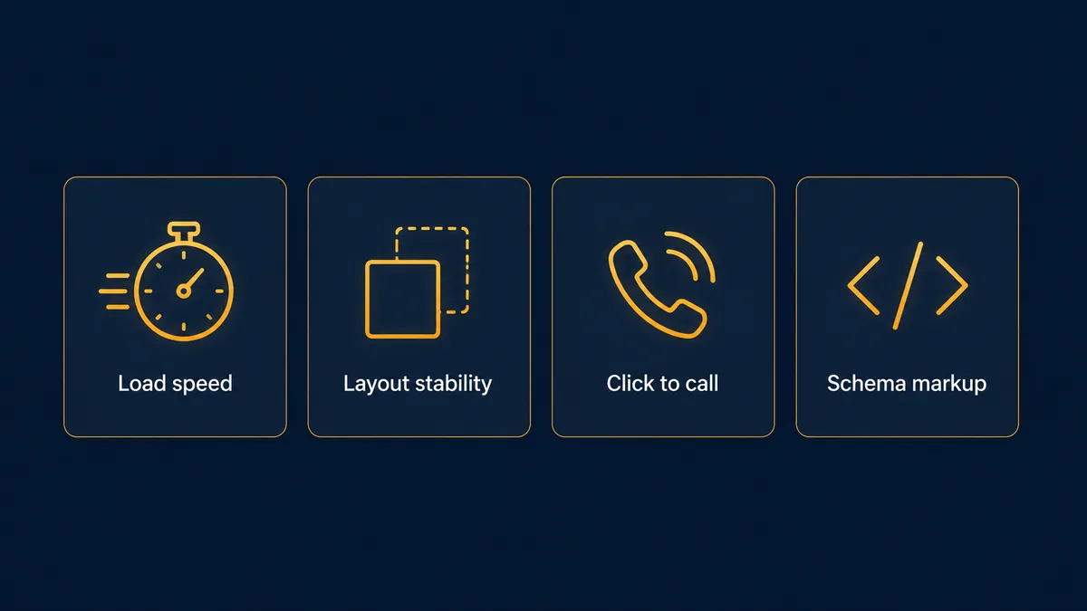 Four measurement checks for a construction website: load speed, layout shift, click-to-call links and schema markup