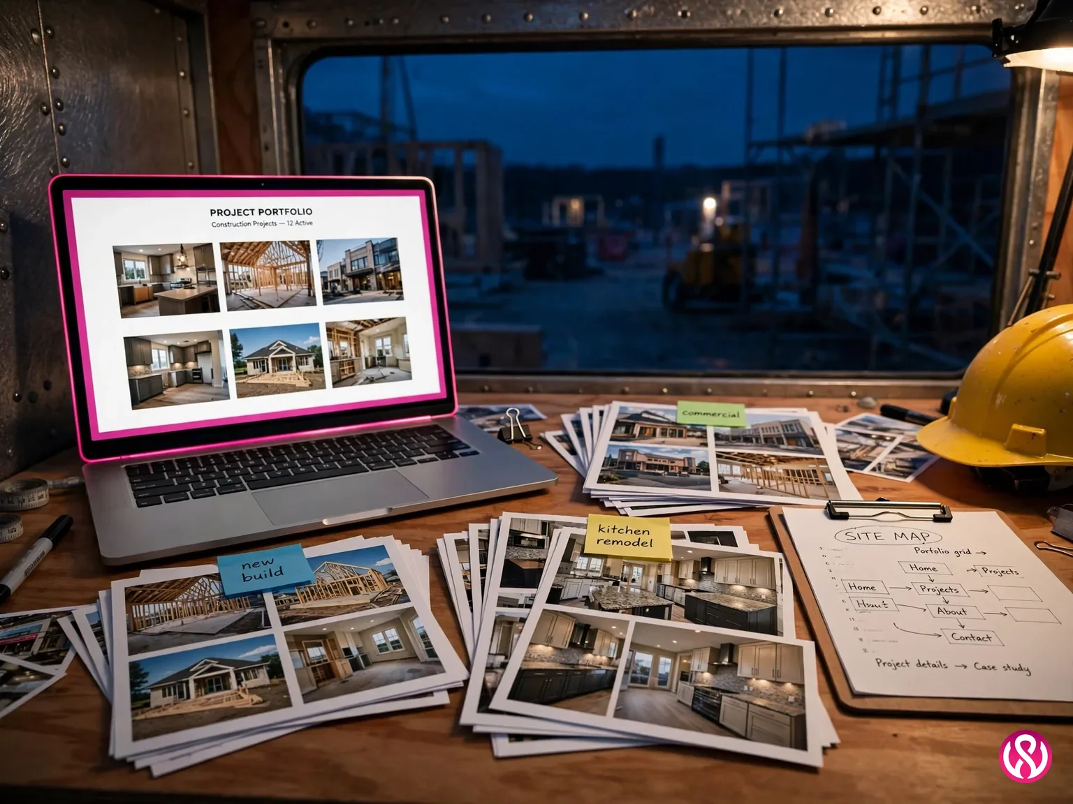 Planning a construction company website portfolio: job site photos sorted by project type beside a laptop