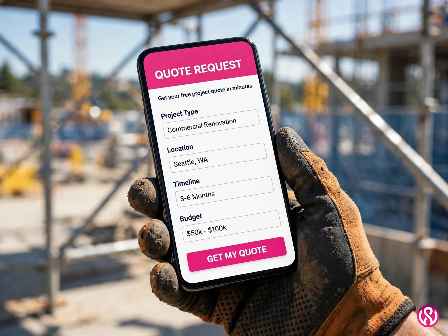 A quote request form for construction website design services on a smartphone at a job site