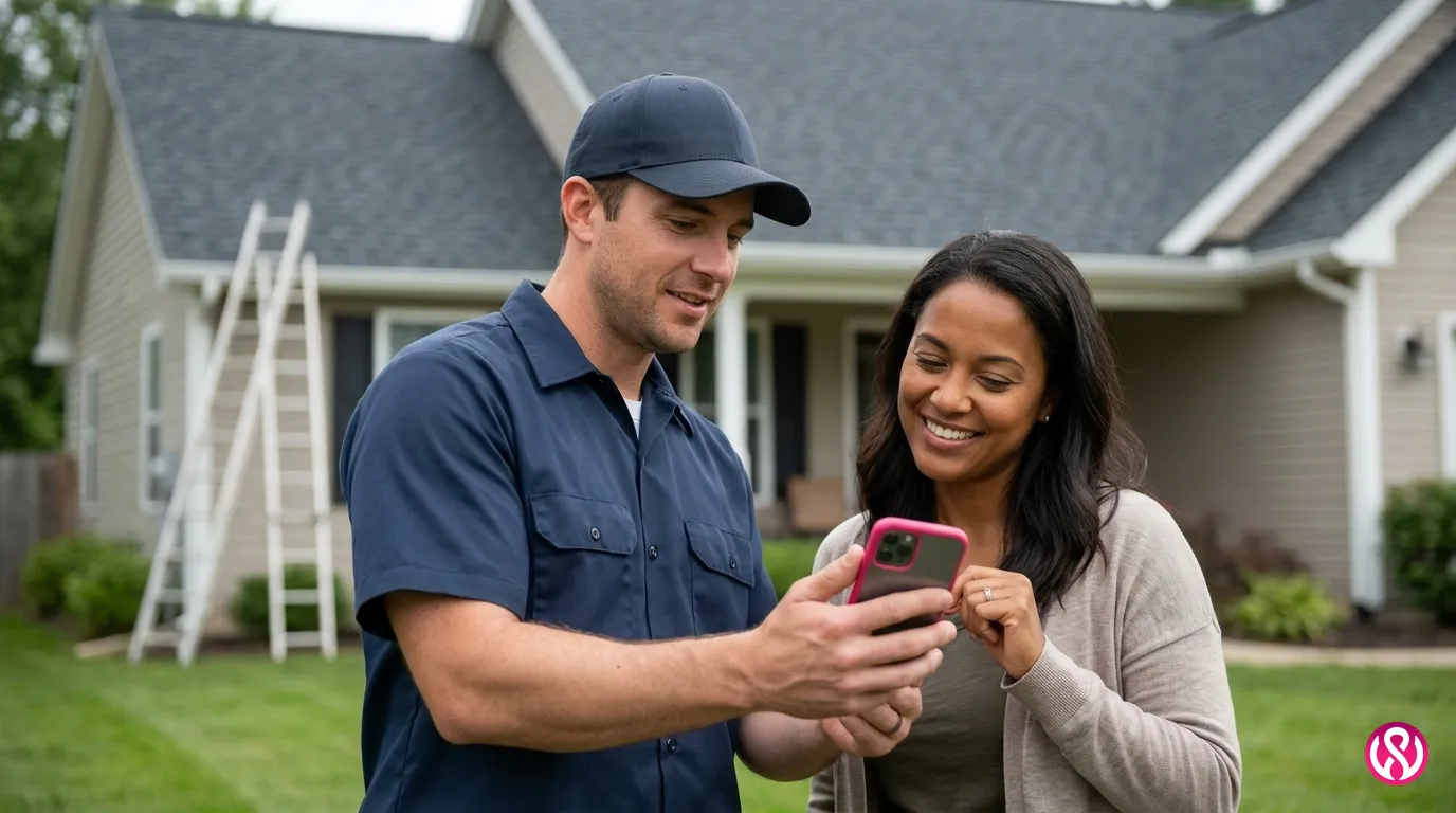 Roofer showing a homeowner a review request on a phone after finishing a new roof, a core step in local SEO for contractors
