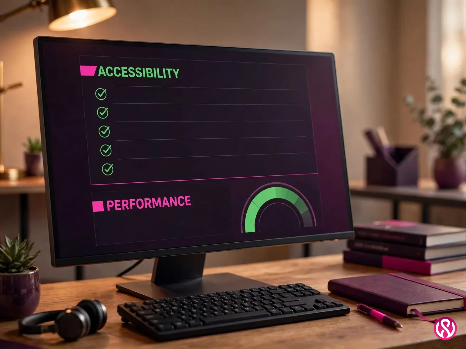 Corporate website design best practices: accessibility checklist and performance gauges on a designer's screen