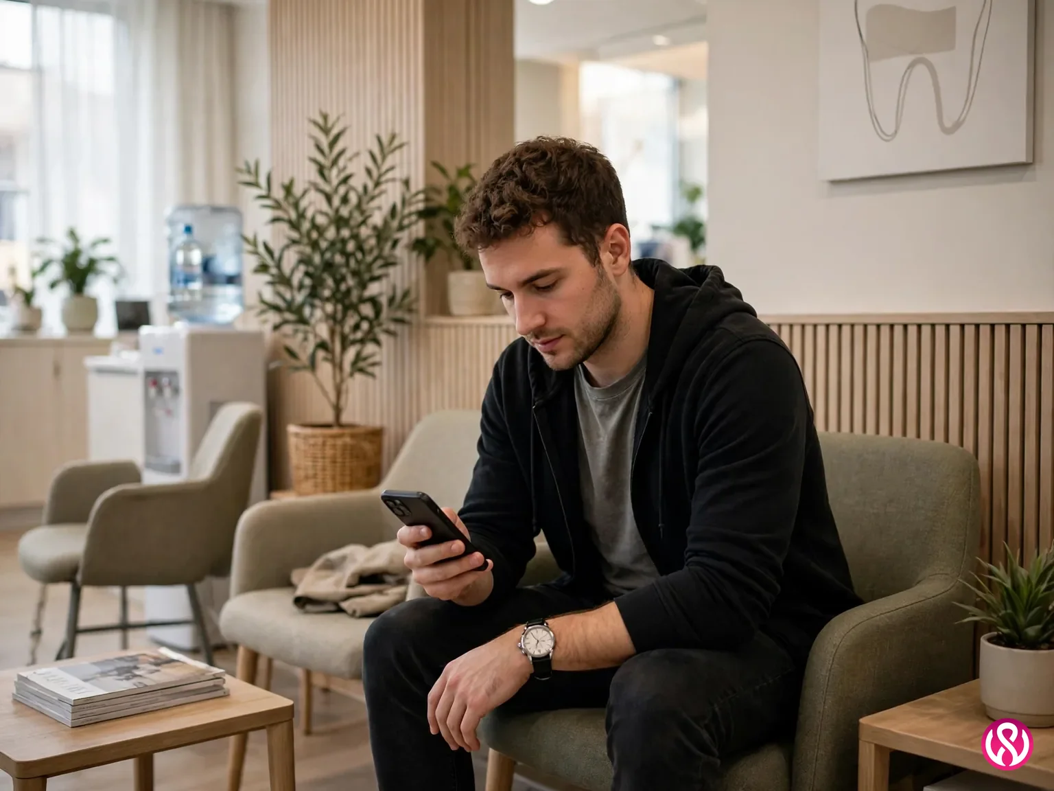 Dental website design services: a patient booking a dental appointment on a phone in a modern clinic waiting room