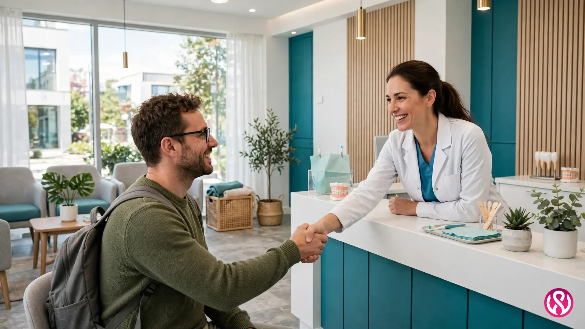 Dental website design services: a dentist greeting a patient at the reception desk of a bright modern dental practice