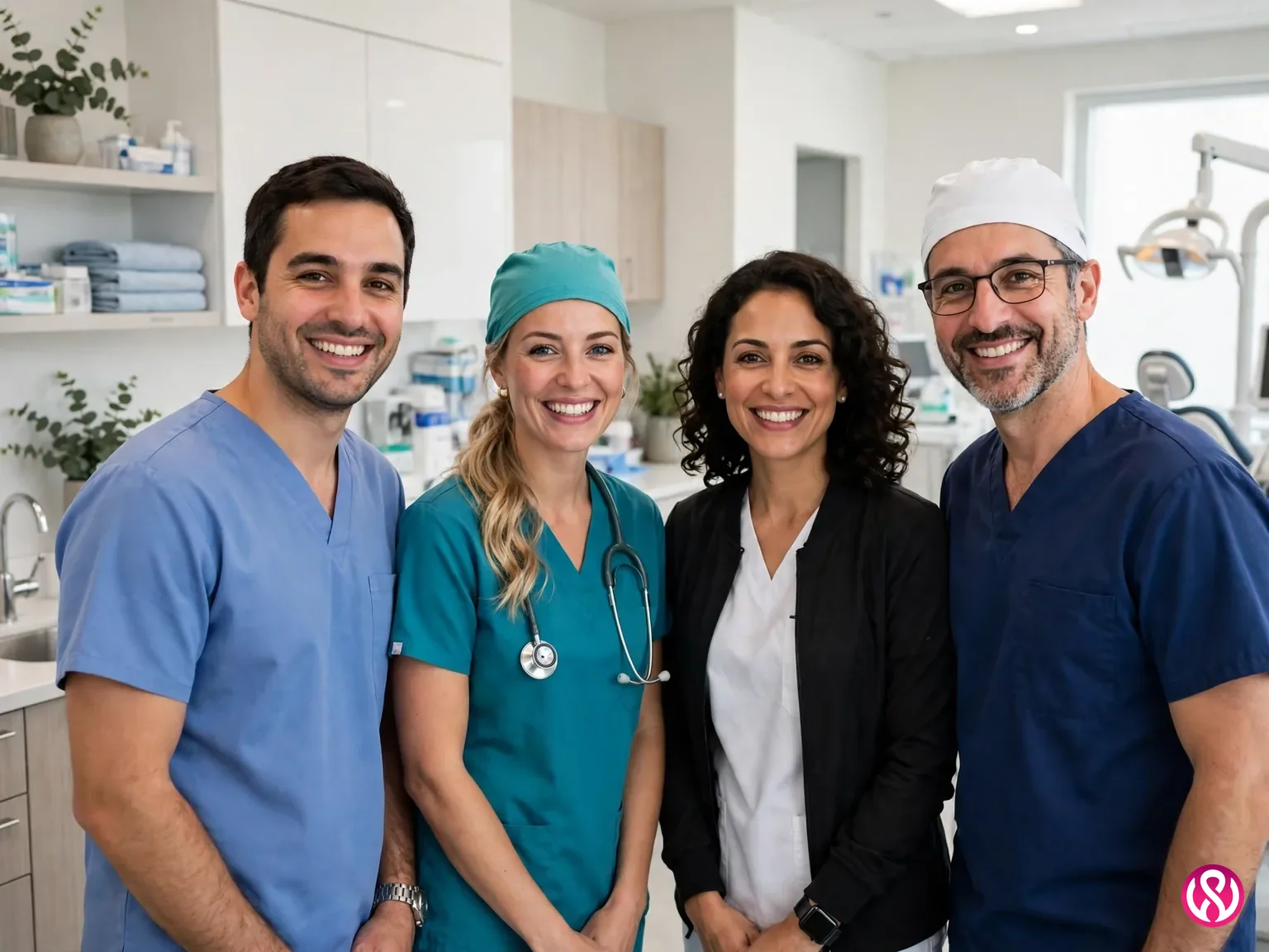 Dental website design services: a dental care team in clean uniforms in a bright modern clinic