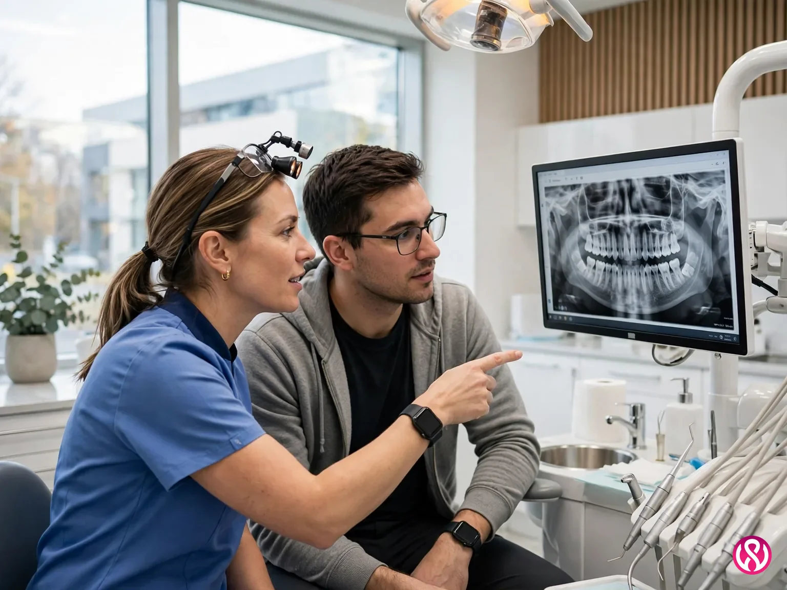 Dental website design services: a dentist explaining a treatment plan to a patient beside a dental X-ray on screen