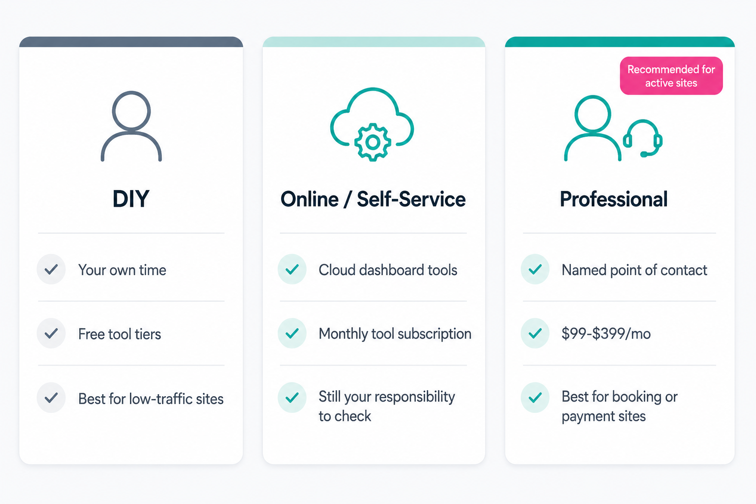 Three approaches to website management compared: DIY with your own time, online self-service tools, and professional management with a named contact