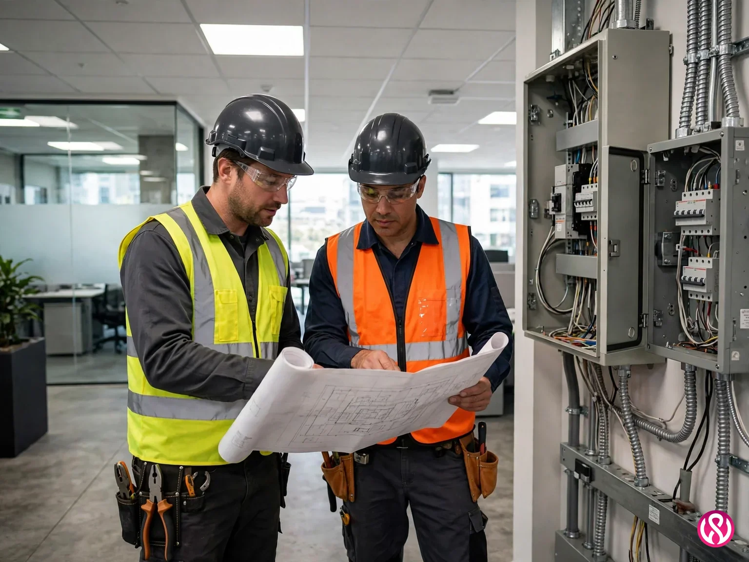Commercial electrical website: two electricians reviewing plans beside commercial electrical panels in an office building