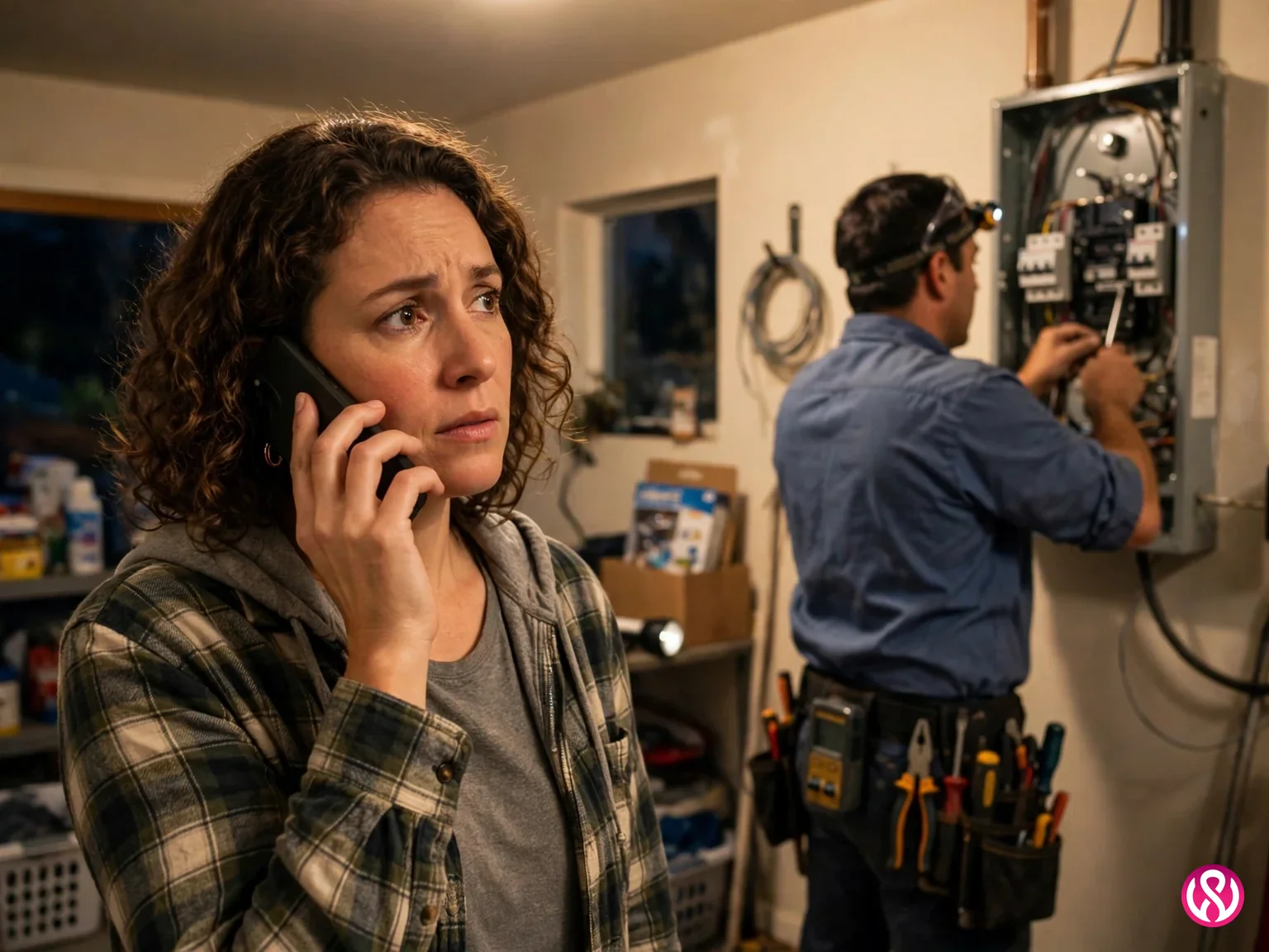 Emergency electrician website: a homeowner calling an electrician at night while the electrician works on a breaker panel