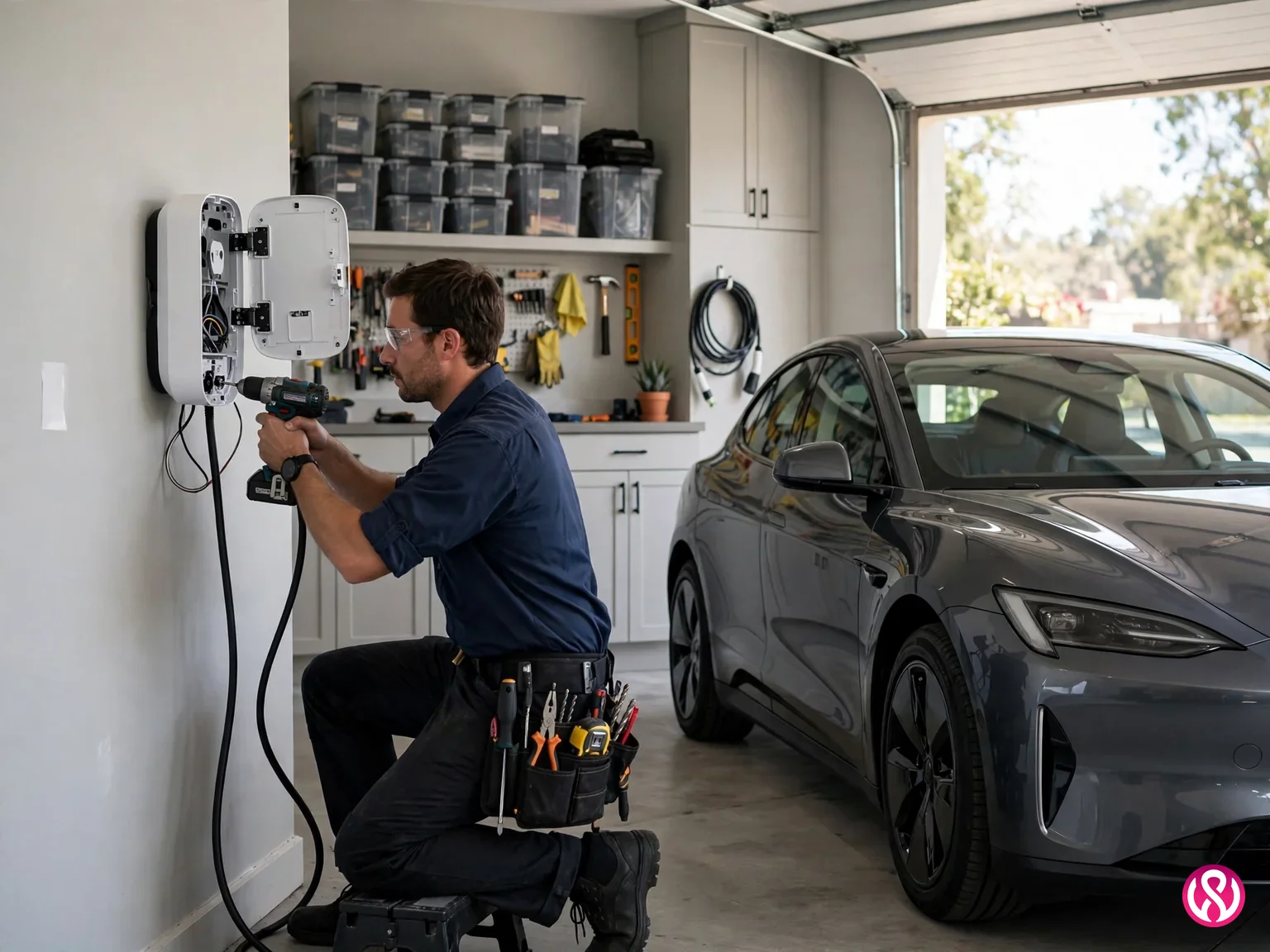 EV charger install page: an electrician installing a wall-mounted EV charger in a home garage beside an electric car