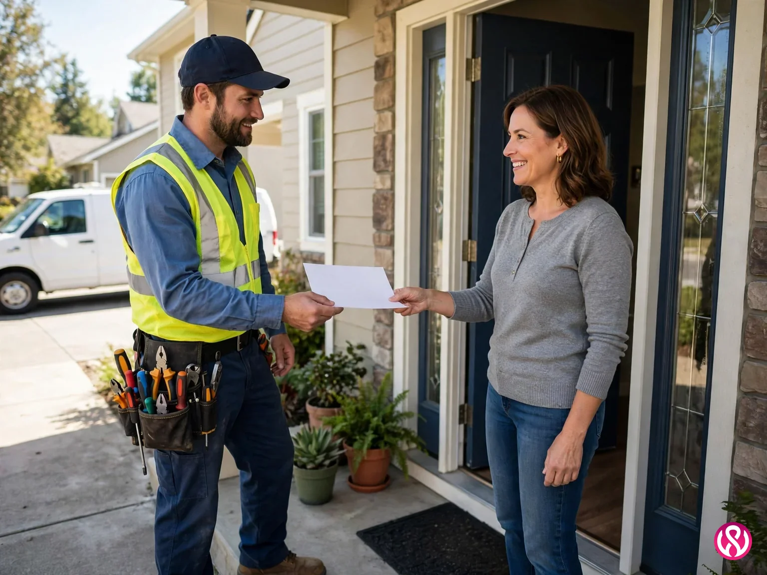 Electrician website trust signals: an electrician handing a completed job summary to a homeowner at their front door