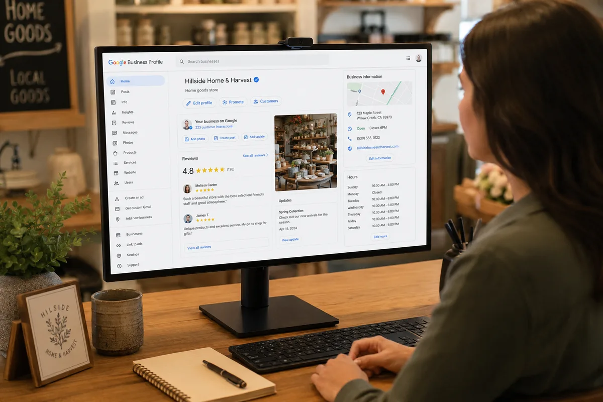 Google Business Profile management interface on a desktop monitor in a small local shop with business owner reviewing the listing