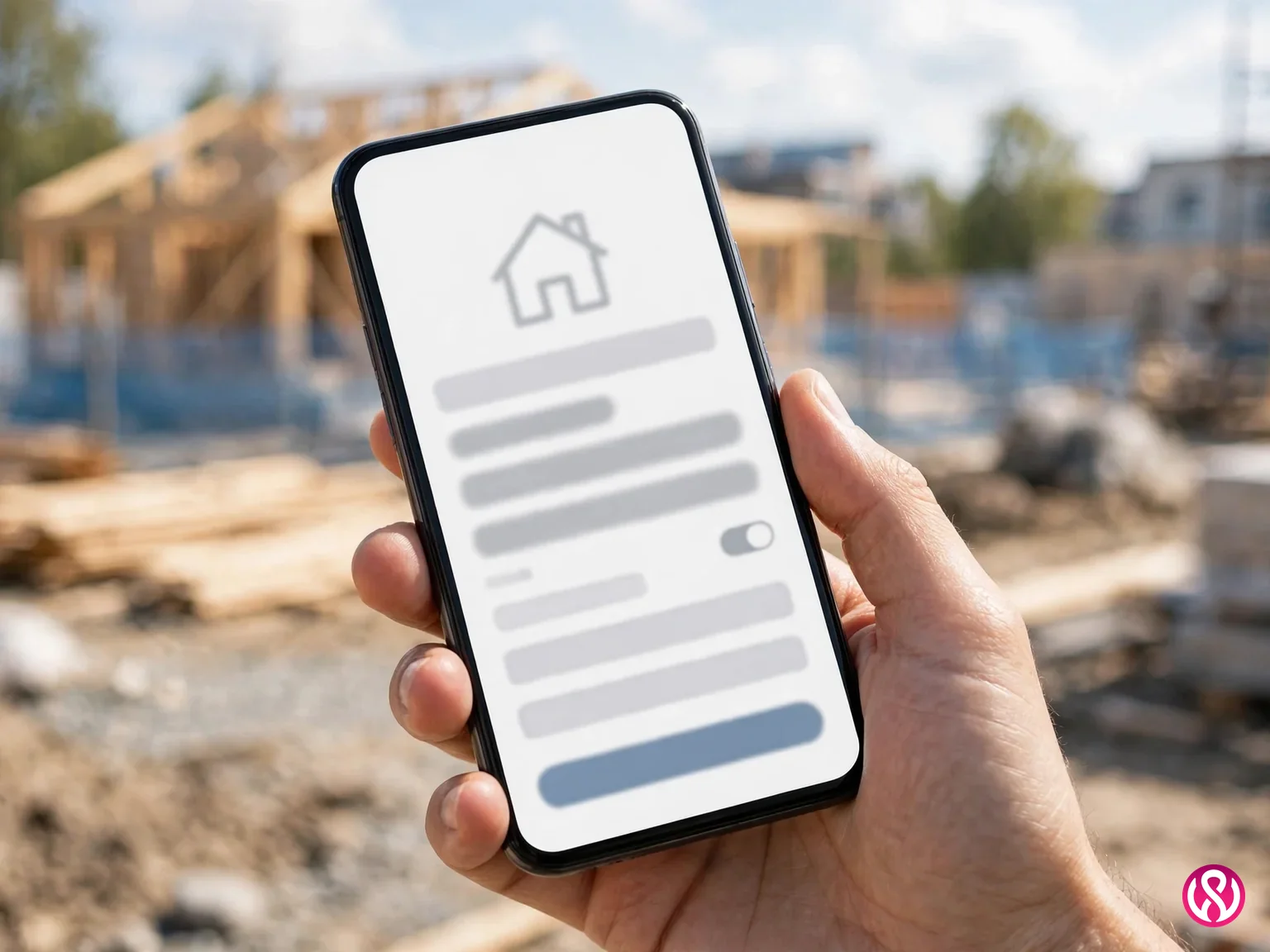 Home builder website design: a smartphone showing a model home visit booking form, with a new home construction site in the background