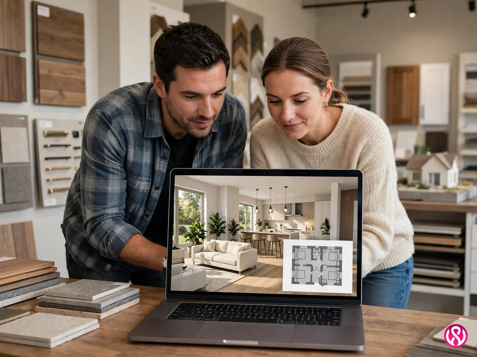 Home builder website design: a couple exploring a 3D virtual home tour and floor plan on a laptop in a builder design center