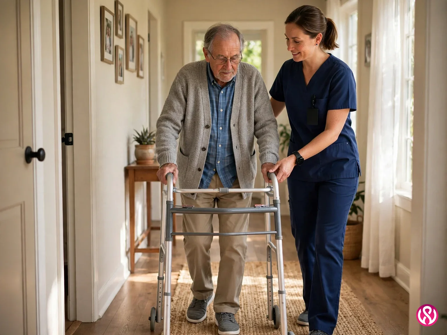Home care trust: a caregiver helping an elderly man walk with a walker in a sunny home hallway