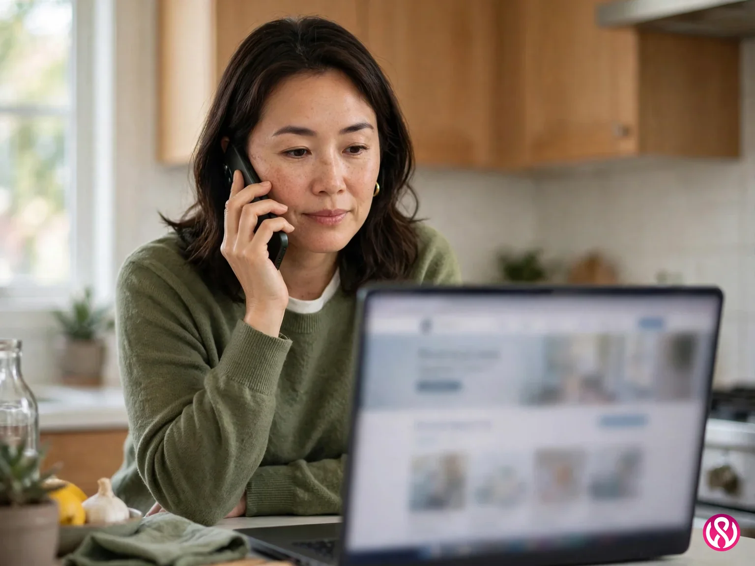 Home care website for families: an adult daughter calling a home care agency while looking at a laptop