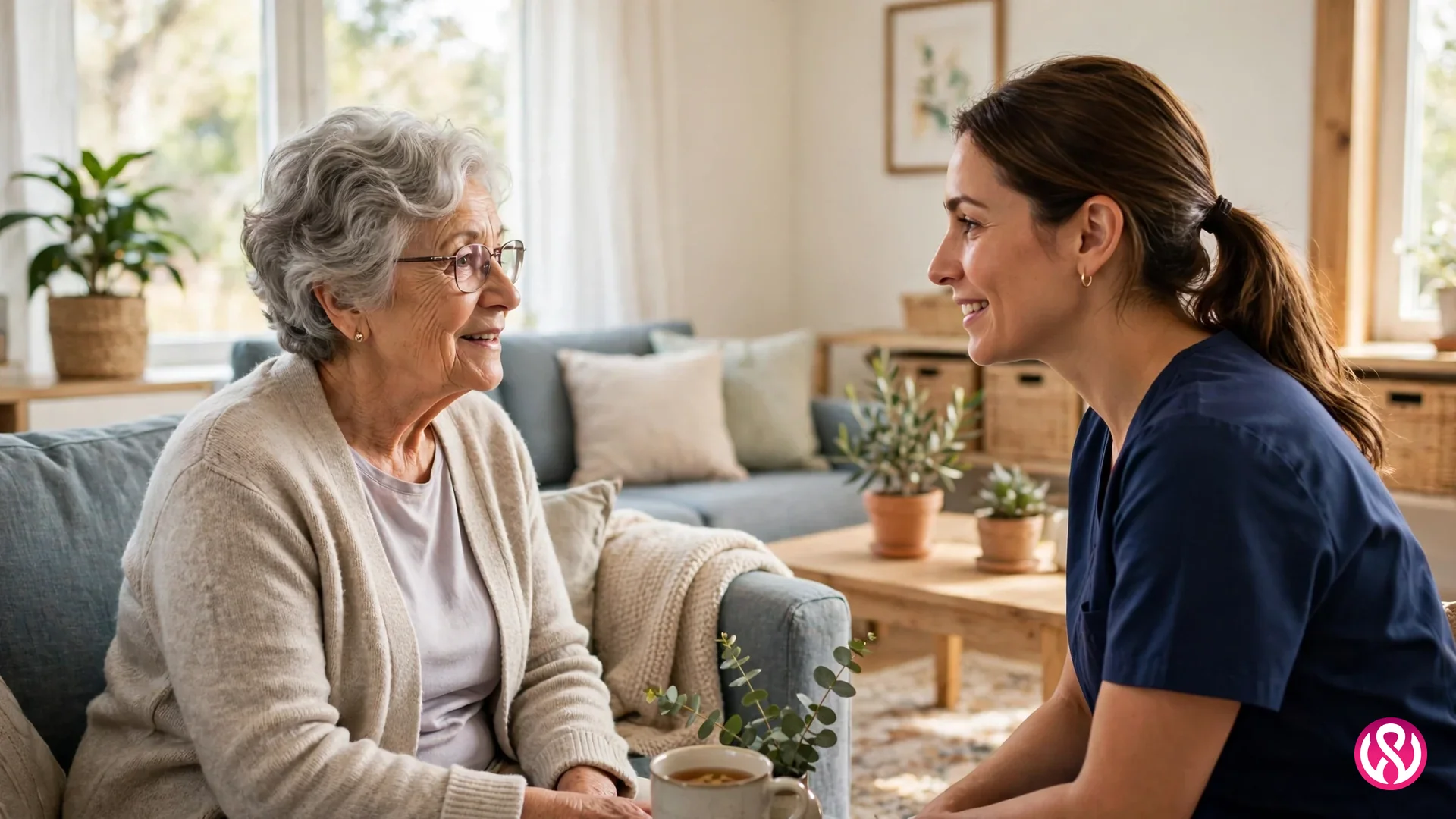 Home health care website design: a home care aide talking with an elderly woman in a bright living room at home