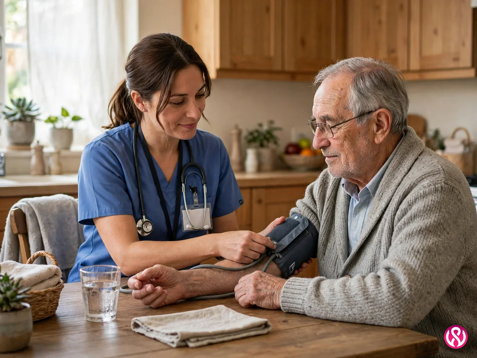 Medical home health care: a home health nurse checking an elderly patient's blood pressure at home