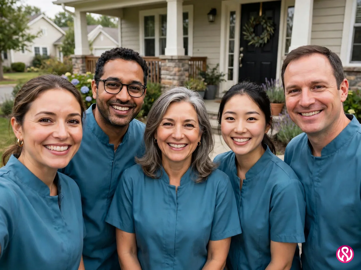 Home care careers: a home care agency team smiling together outside a suburban home