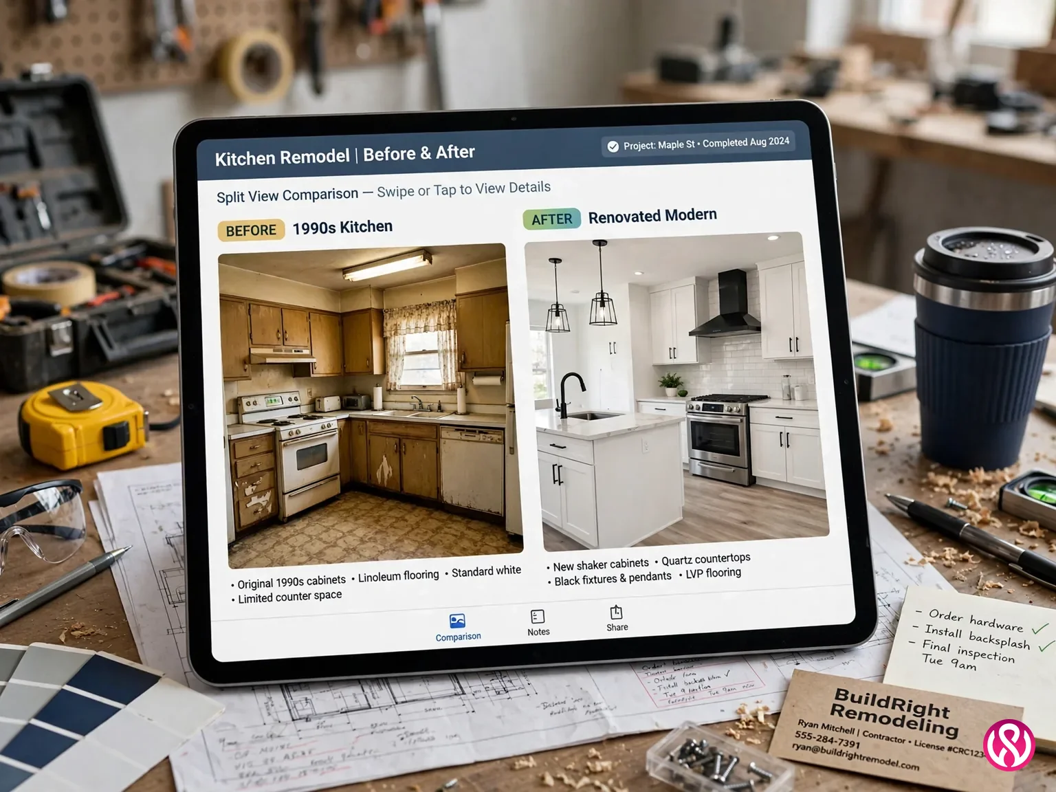 Before-and-after gallery on a home services website showing a 1990s kitchen next to the renovated modern kitchen