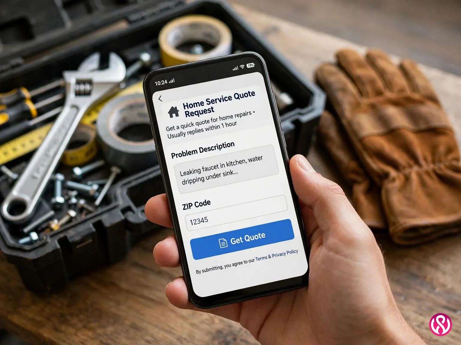 A home service website quote form on a phone: problem description, ZIP code, and one Get Quote button