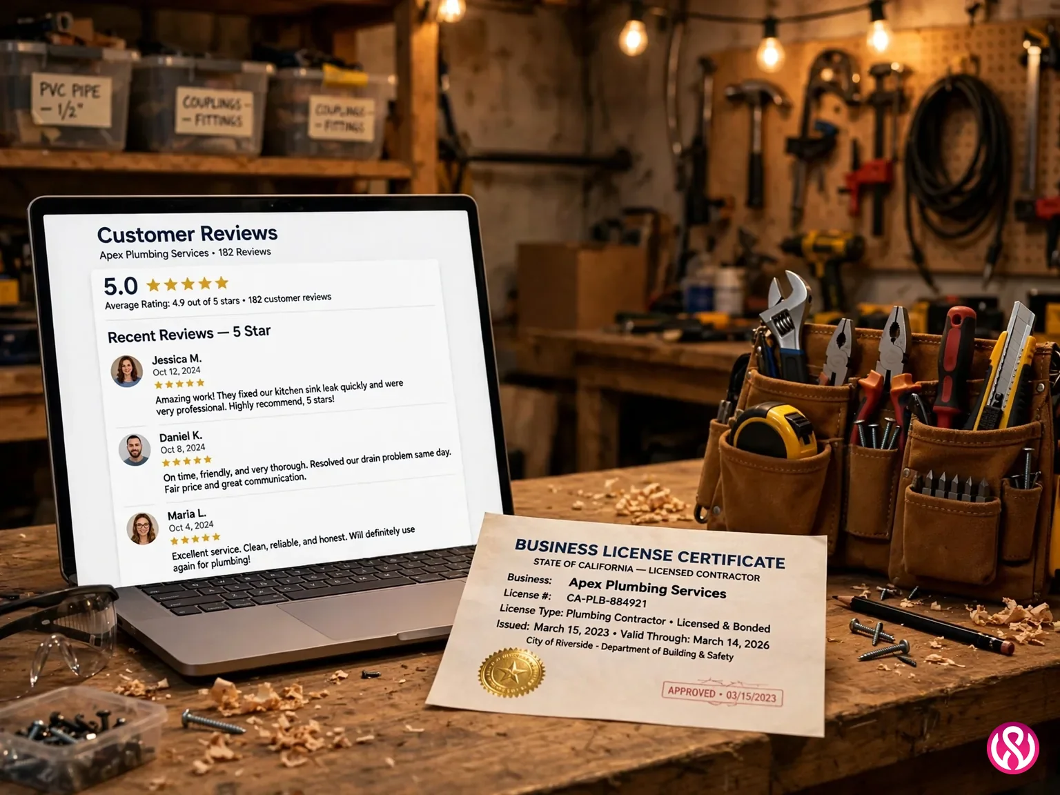 Trust signals on a home services website: five-star customer reviews and a business license certificate