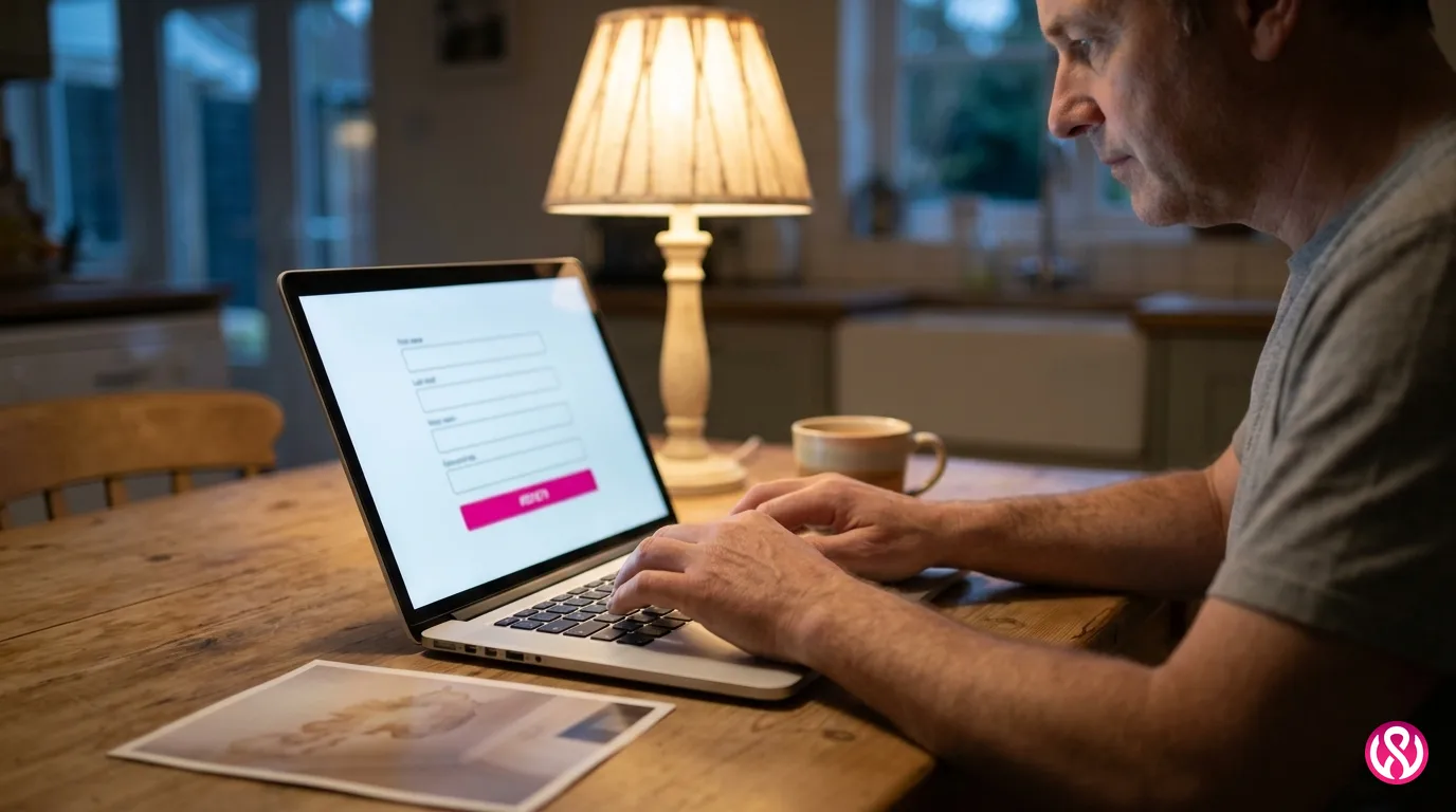 Homeowner filling in a short roof quote form on a laptop at the kitchen table in the evening