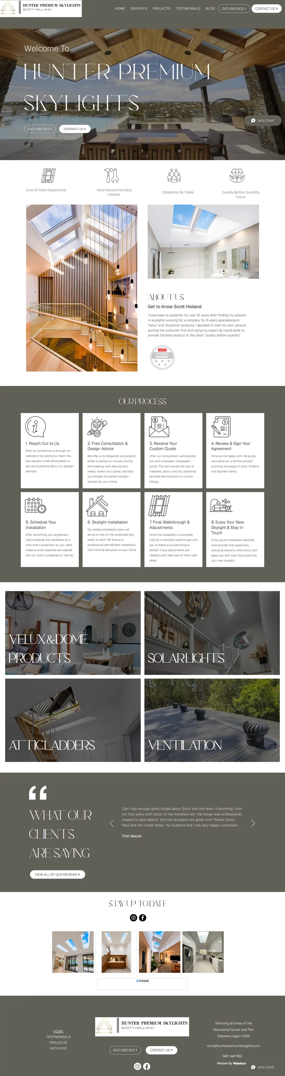 Full page screenshot of the Hunter Premium Skylights website