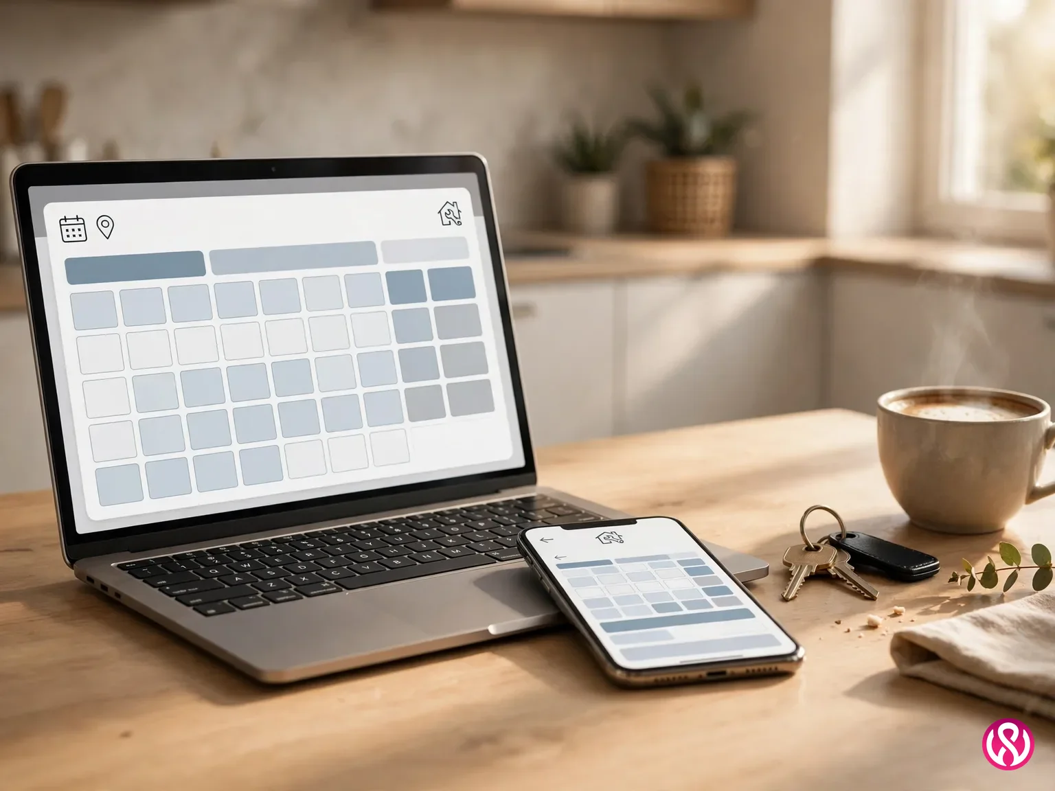 Online booking for an HVAC service visit on a laptop and phone at a kitchen table