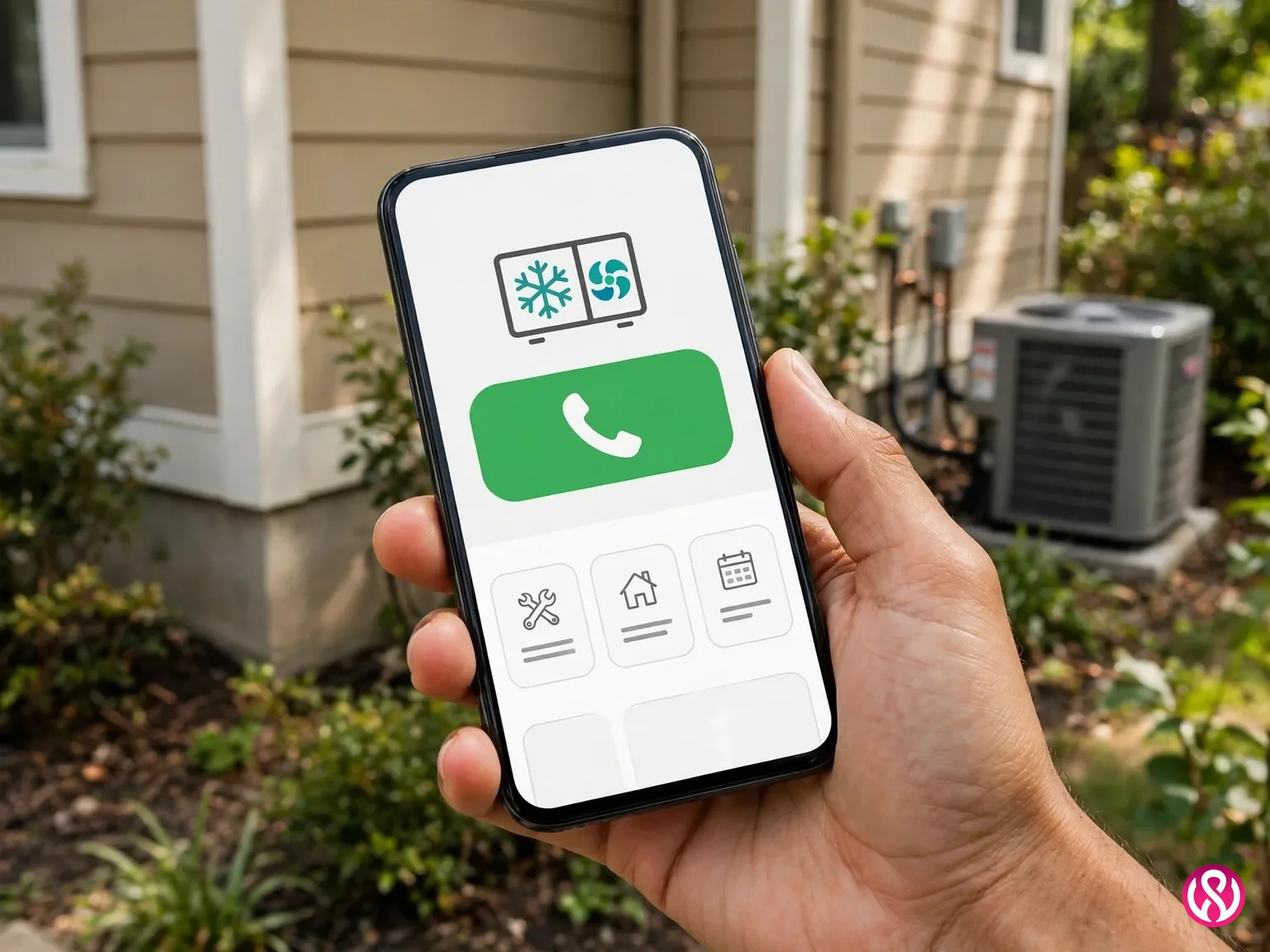 A homeowner viewing an HVAC company website on a smartphone with a prominent tap-to-call button
