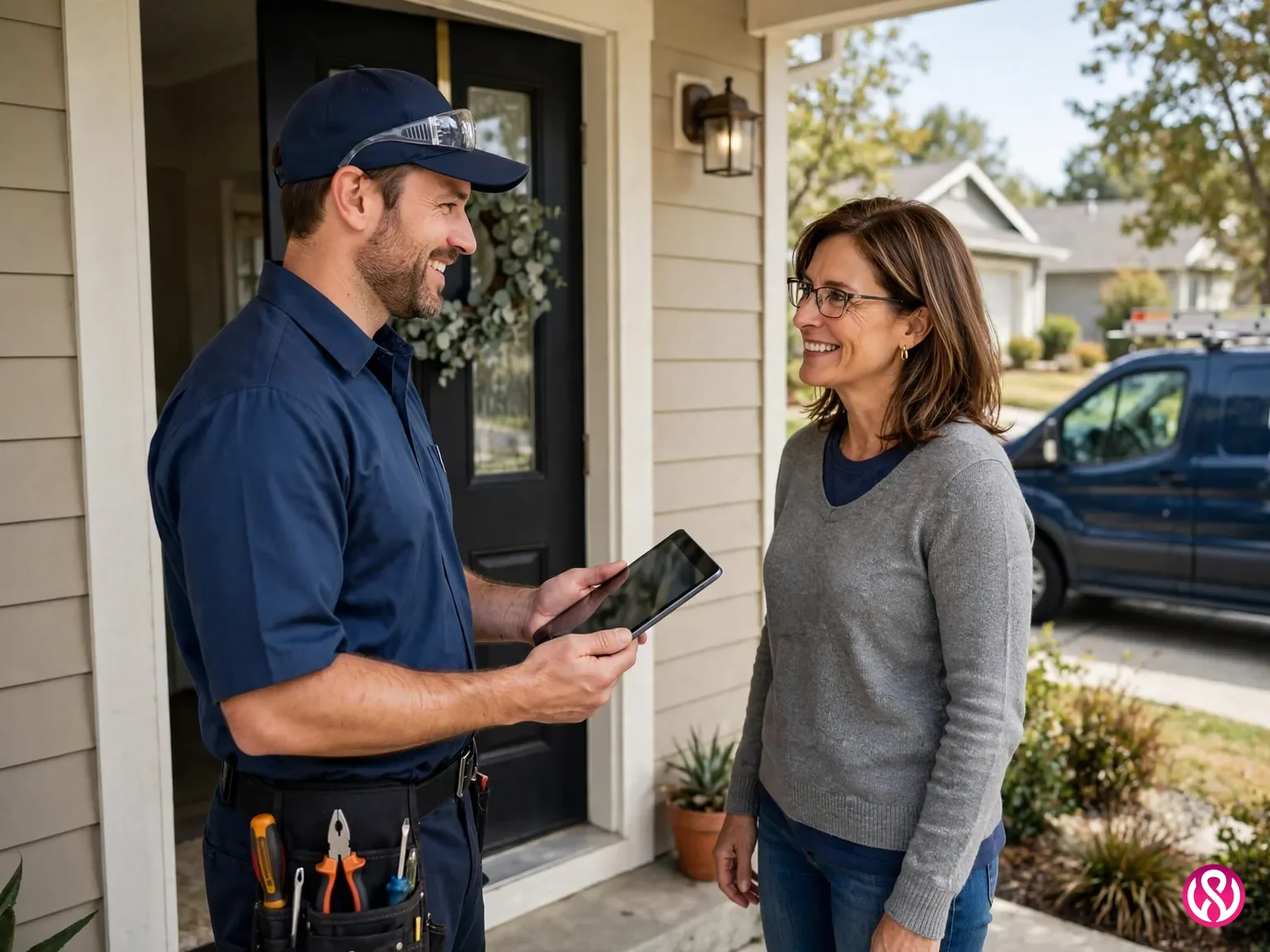 An HVAC technician showing a tablet to a homeowner at the front door with the service van in the driveway