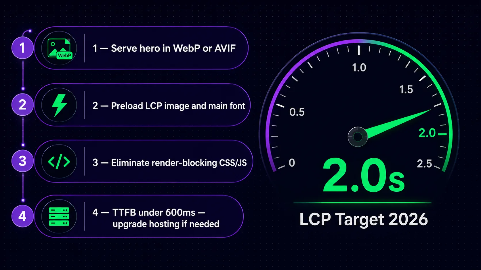 Largest contentful paint optimization checklist showing image format preloading render blocking and server response fixes