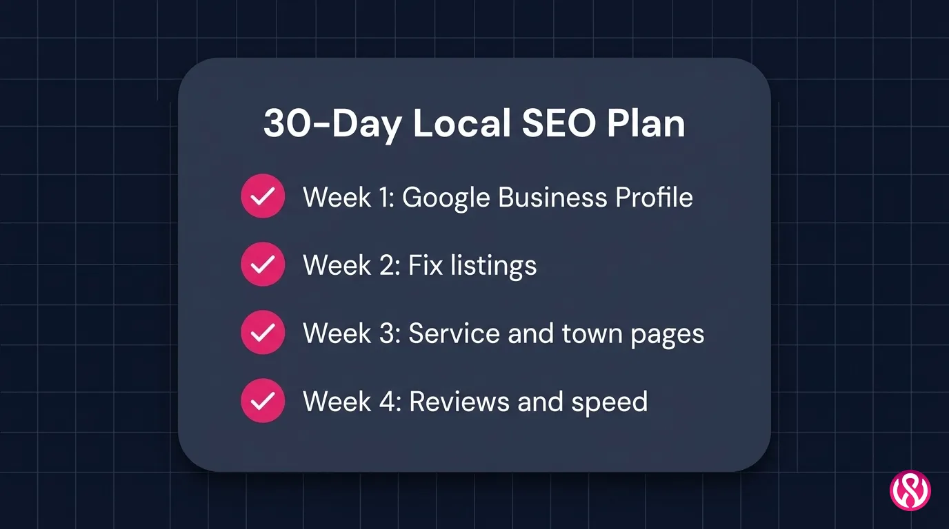 Local SEO checklist for contractors laid out as a four-week plan: profile, listings, pages and reviews