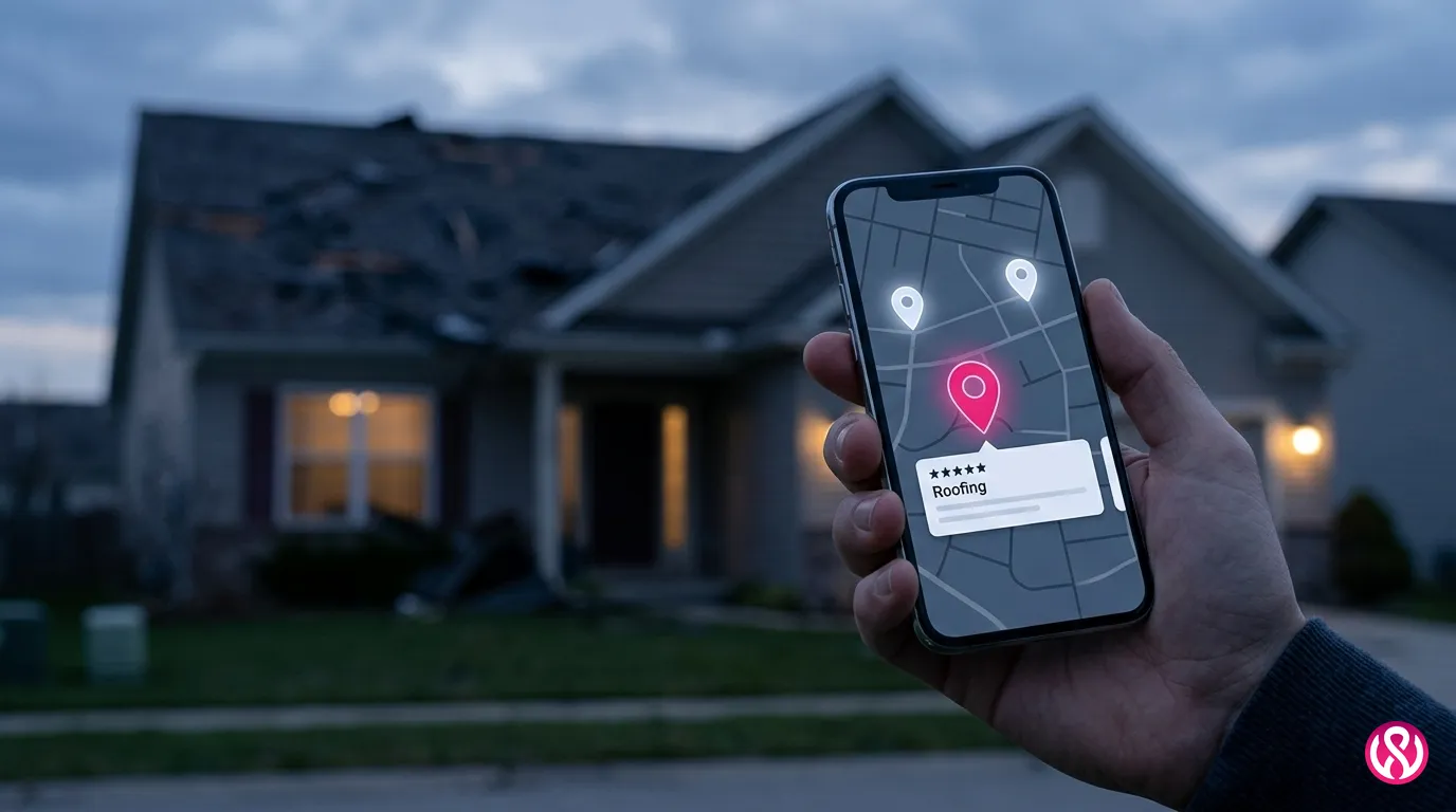 Homeowner searching for a local roofing contractor on a phone, the search local SEO for contractors is built to win