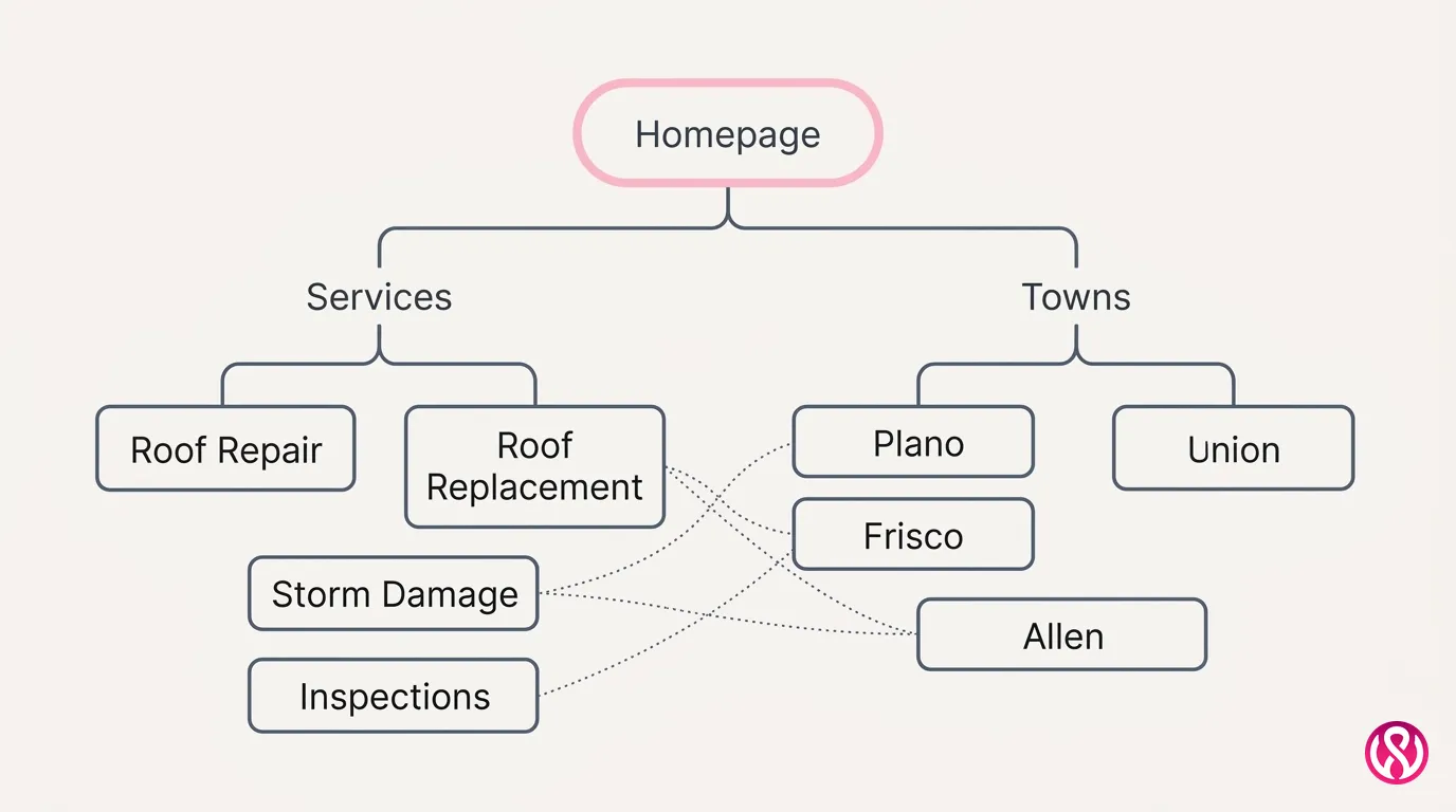 Site structure for local SEO for contractors, with a separate page for each roofing service and each town covered