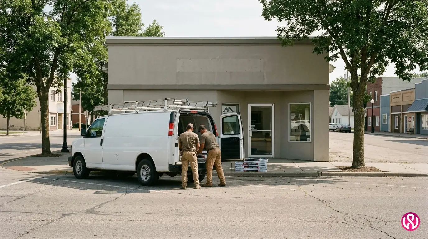Small roofing company branch office with a service van outside and a roofing crew loading materials