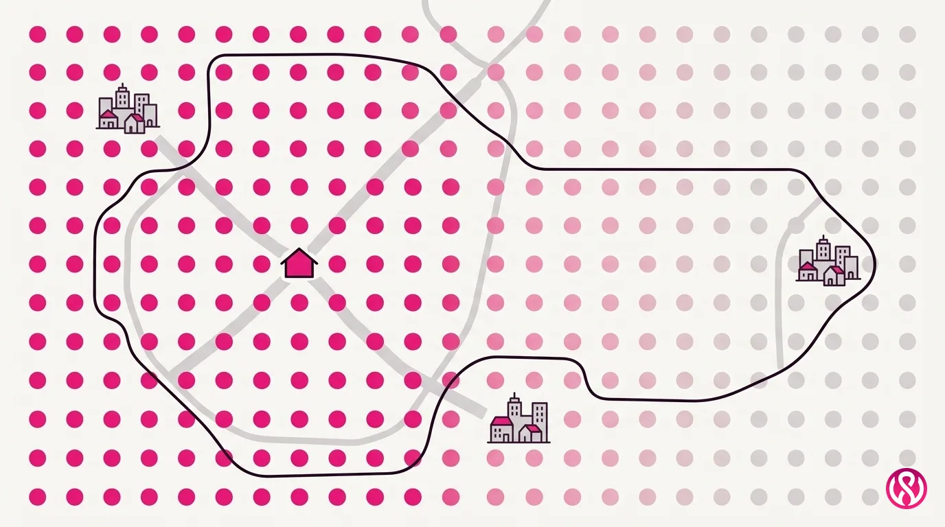 Illustration of a map grid showing a roofing company ranking strongly near its base and weaker in distant towns