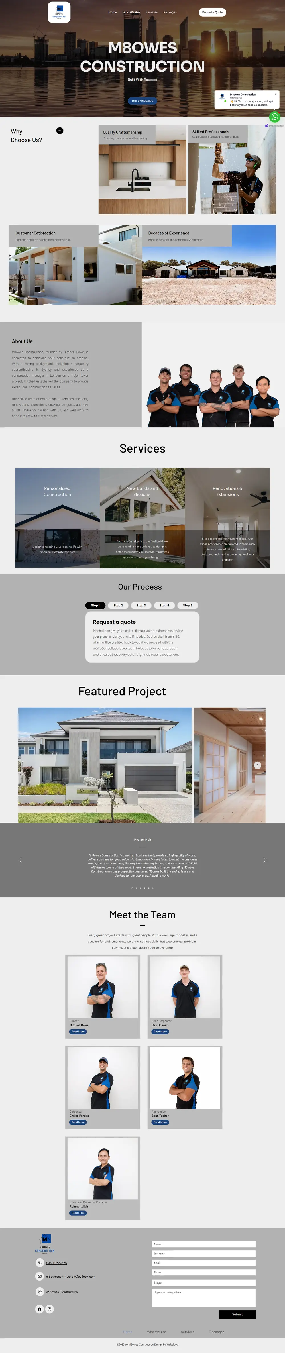 Full page screenshot of the M8owes Construction website