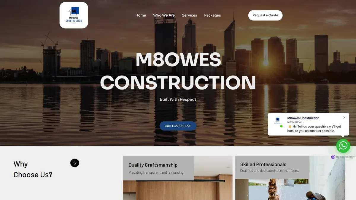 M8owes Construction website homepage built by Websloop, showing a click-to-call button and a Request a Quote action in the header