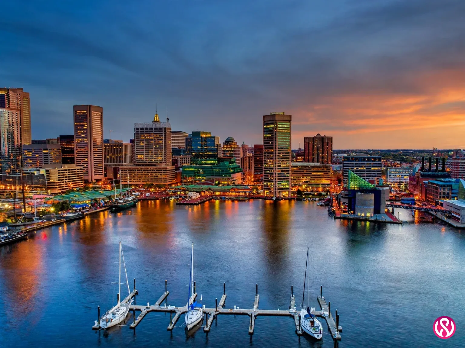 Baltimore skyline at dusk, the largest Maryland market we build for